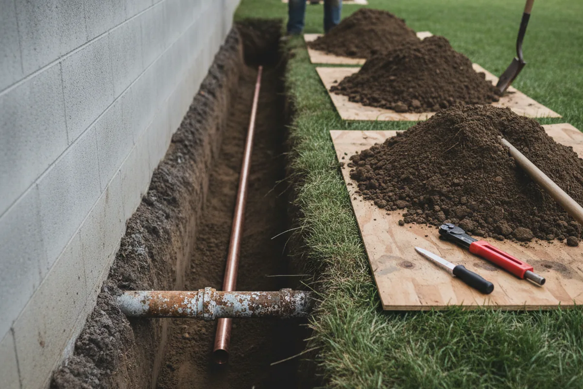 Excavated water line trench during Sewer Line Repair in Remsen